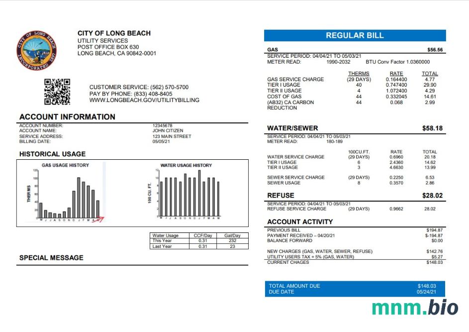 Szablon rachunku za media w USA City of Long Beach w formacie Word i PDF